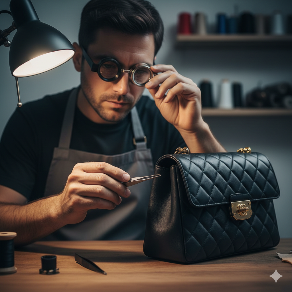 전문가가 레플리카 가방의 박음질, 로고 각인을 확대하여 검수하는 과정